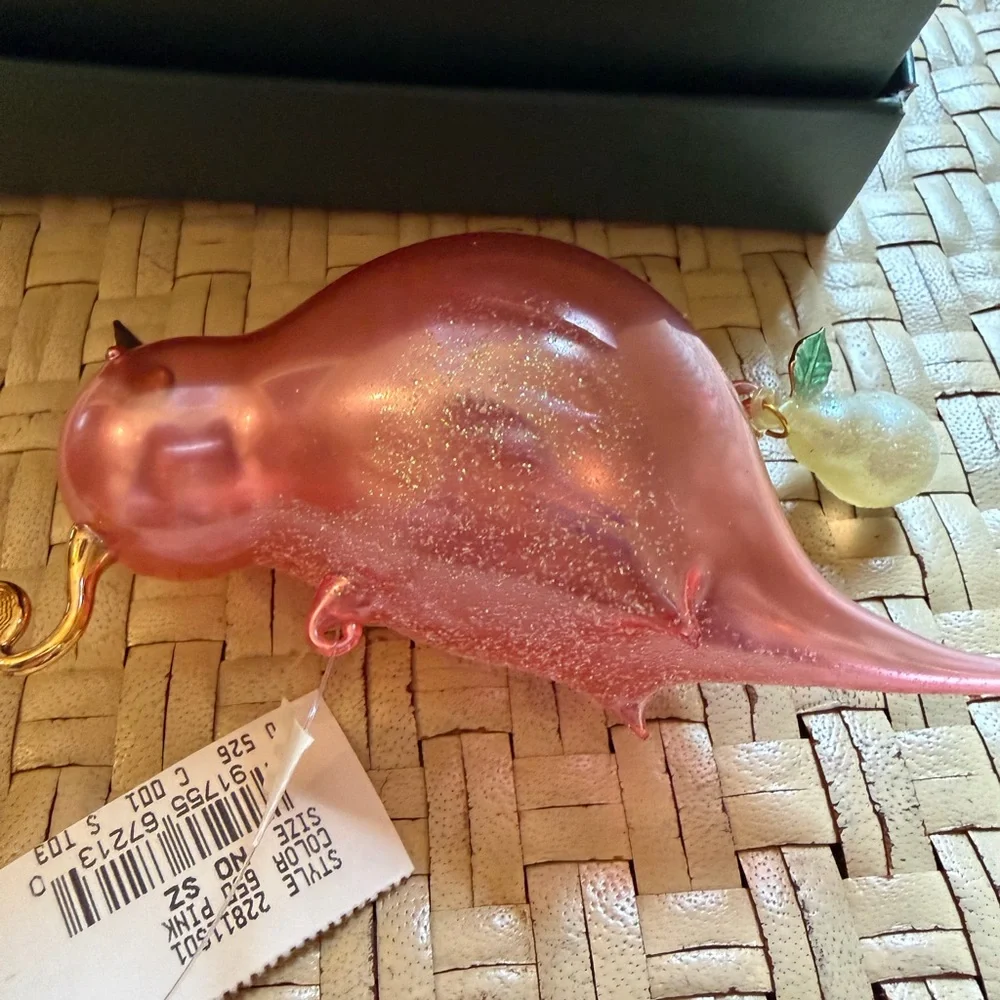 Pink Bird Blown Glass glitter Feather Hanging Ornament 6”